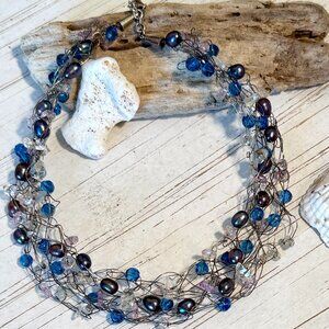 OOAK - Freshwater Cultured Pearl, Stone & Bead "Crochet" Necklace